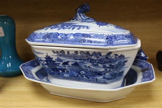 A Chinese blue and white large tureen, cover and a similar dish, Qian Lung period